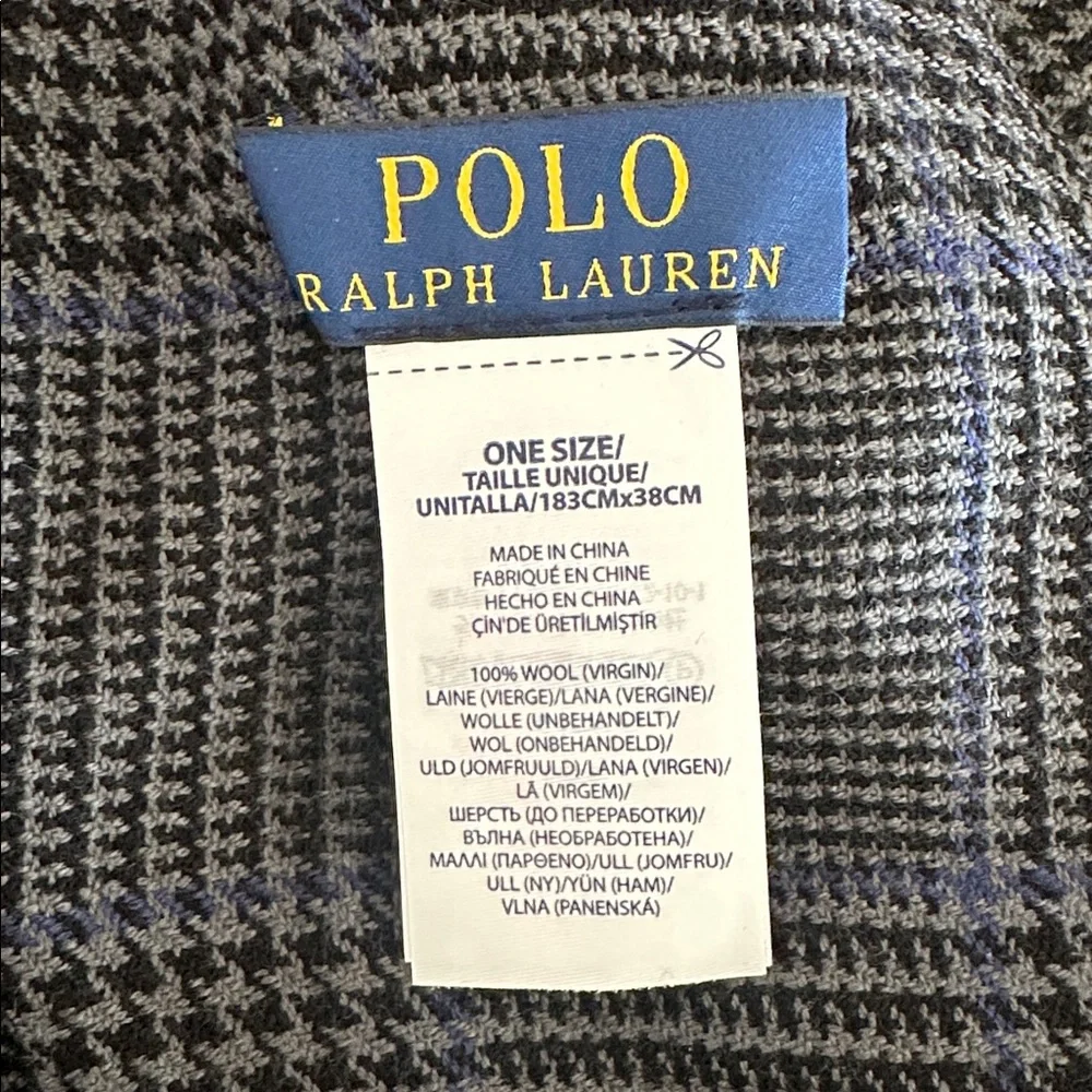 Polo Ralph Lauren Gray Blue Herringbone Plaid Fringed Wool Scarf